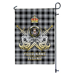 Custom Name Clan Menzies Black & White Modern Tartan Garden Flag with Clan Crest and the Golden Sword of Courageous Legacy PQ95
