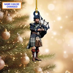 Menzies Dress; Black Modern Tartan Bagpipe Ornament with Custom Name