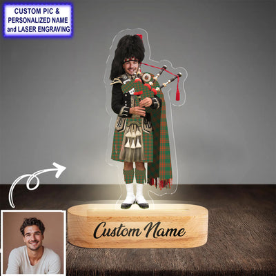 Custom Bagpipe Menzies Green Ancient Tartan LED Night Light - Personalized Scottish Bagpiper Figurine with Wooden Stand