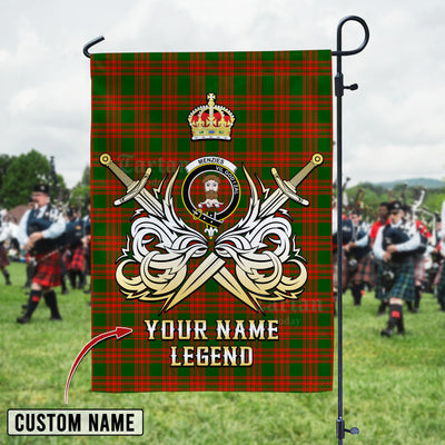 Custom Name Clan Menzies Green Modern Tartan Garden Flag with Clan Crest and the Golden Sword of Courageous Legacy