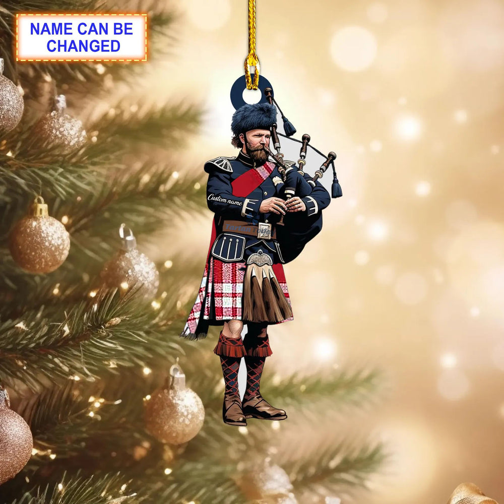Menzies Red & White Modern Tartan Bagpipe Ornament with Custom Name