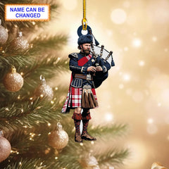 Menzies Red & White Modern Tartan Bagpipe Ornament with Custom Name