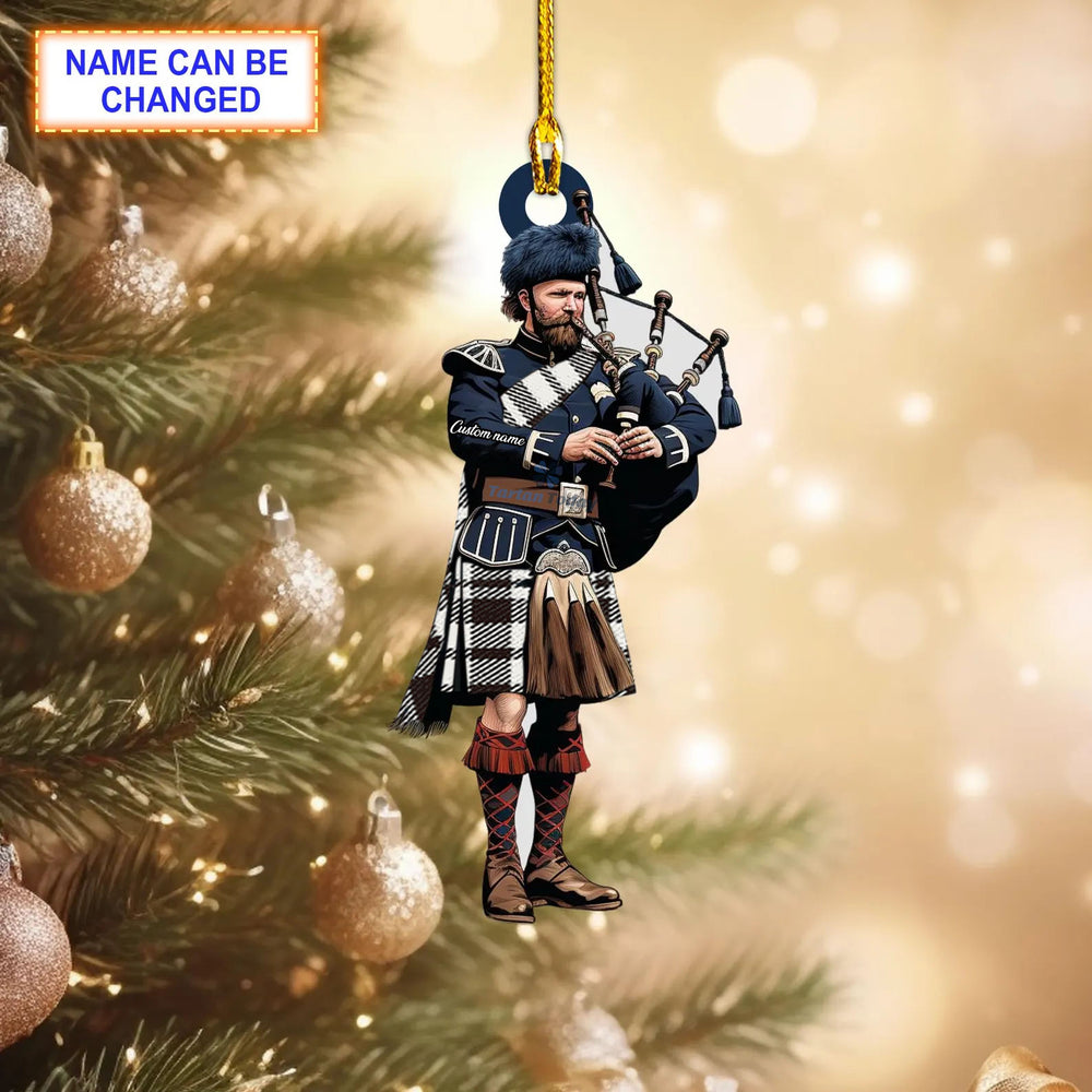 Menzies (Black) Modern Tartan Bagpipe Ornament with Custom Name