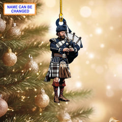 Menzies (Black) Modern Tartan Bagpipe Ornament with Custom Name