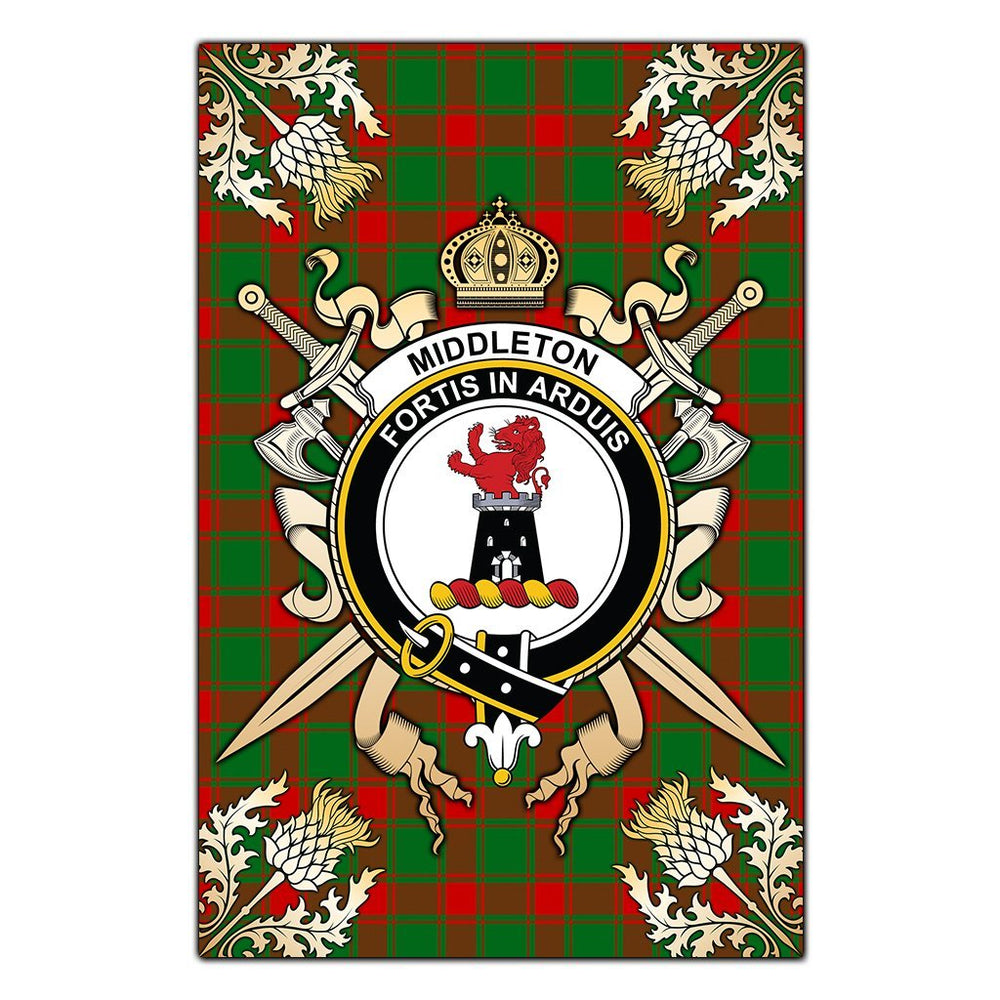 Clan Middleton Modern Tartan Crest Black Garden Flag - Gold Thistle HH12 Clan Middleton Tartan Today