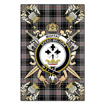 Clan Moffat Modern Tartan Crest Black Garden Flag - Gold Thistle