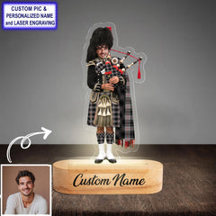 Custom Bagpipe Moffat Modern Tartan LED Night Light - Personalized Scottish Bagpiper Figurine with Wooden Stand