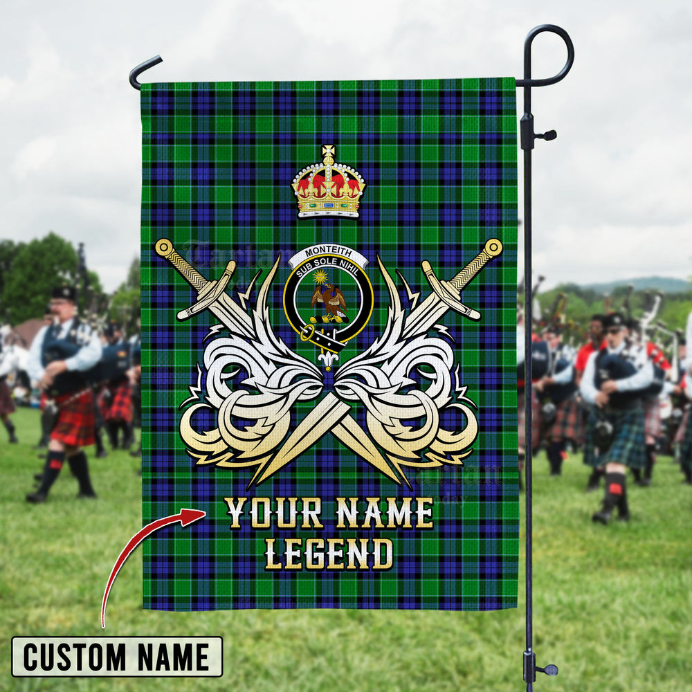Personalized Custom Name Clan Monteith Tartan Garden Flag with Clan Crest and the Golden Sword of Courageous Legacy PV91 - Monteith Tartan Design, Scottish Heritage Gift
