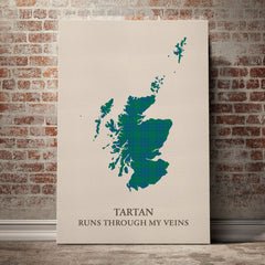 Montgomery Ancient Tartan Scotland Map Canvas – “Tartan Runs Through My Veins” Wall Art