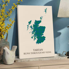 Clan Montgomery Ancient Tartan Scotland Map Canvas “Tartan Runs Through My Veins” Wall Art SW27