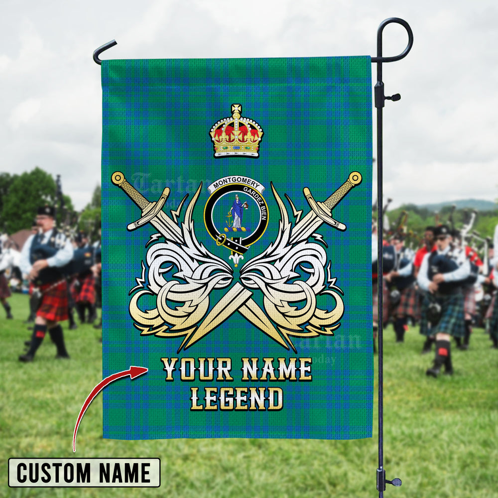 Personalized Custom Name Clan Montgomery Ancient Tartan Garden Flag with Clan Crest and the Golden Sword of Courageous Legacy GX48 - Montgomery Ancient Tartan Design, Scottish Heritage Gift