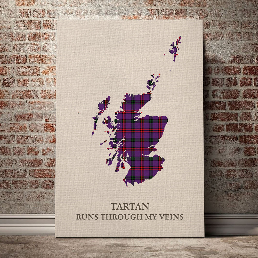 Montgomery Modern Tartan Scotland Map Canvas – “Tartan Runs Through My Veins” Wall Art