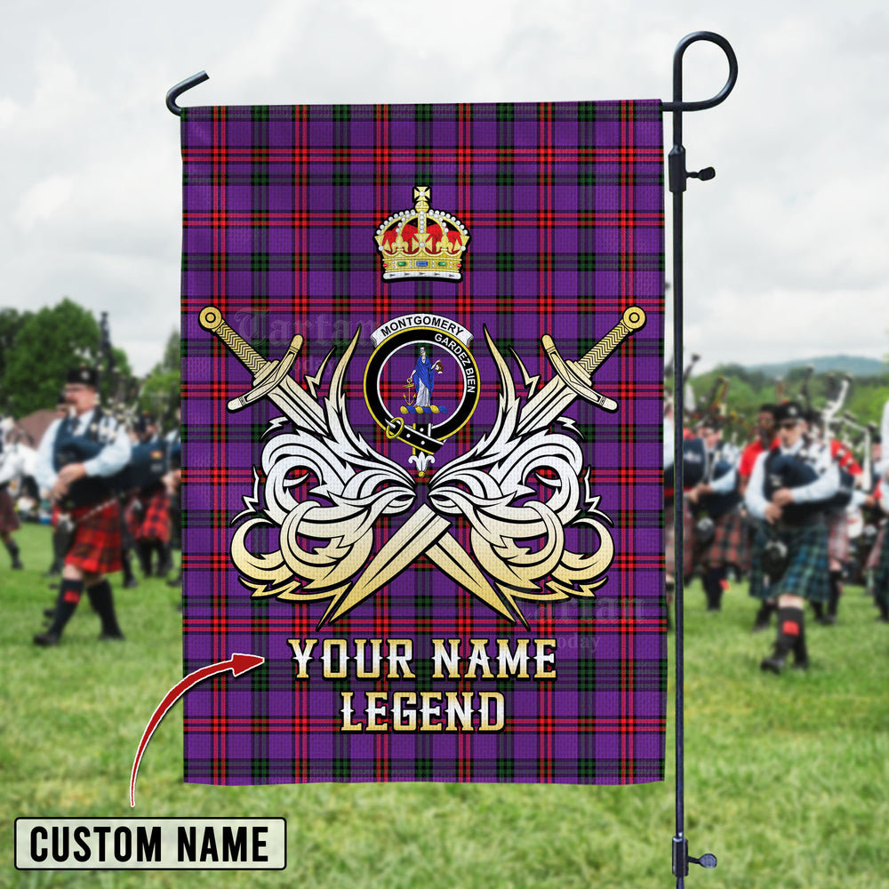 Personalized Custom Name Clan Montgomery Modern Tartan Garden Flag with Clan Crest and the Golden Sword of Courageous Legacy LK86 - Montgomery Modern Tartan Design, Scottish Heritage Gift