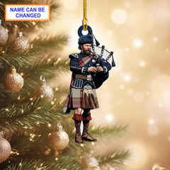 Montreal Granate Ancient Tartan Bagpipe Ornament with Custom Name