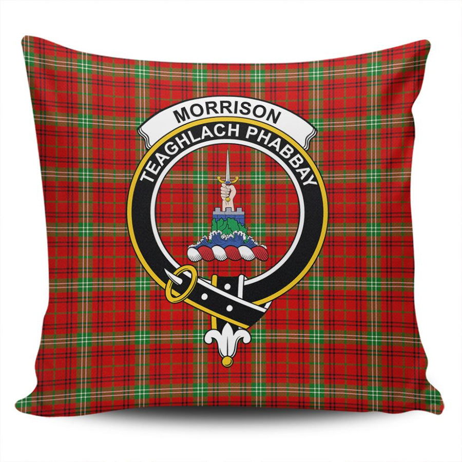 Clan Morrison Red Modern Tartan Crest Pillow Cover