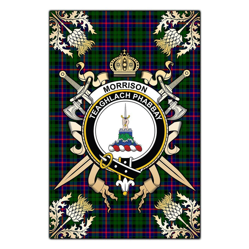 Clan Morrison Modern Tartan Crest Black Garden Flag - Gold Thistle HQ32 Clan Morrison Tartan Today