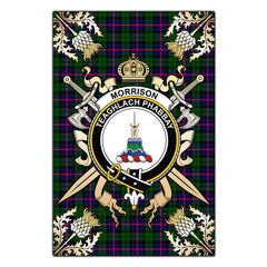 Clan Morrison Modern Tartan Crest Black Garden Flag - Gold Thistle HQ32 Clan Morrison Tartan Today