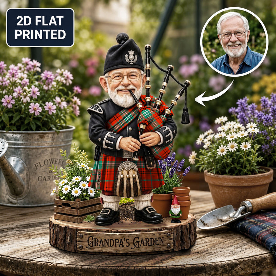Personalized Morrison Red Ancient Clan Bagpipe Garden Gnome Caricature Plaque Custom Photo, Any Clan Tartan, Wood or Acrylic, Grandpa & Dad Gift, Scottish Highland Garden Decor RN52