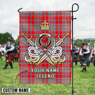 Custom Name Clan Moubray Tartan Garden Flag with Clan Crest and the Golden Sword of Courageous Legacy