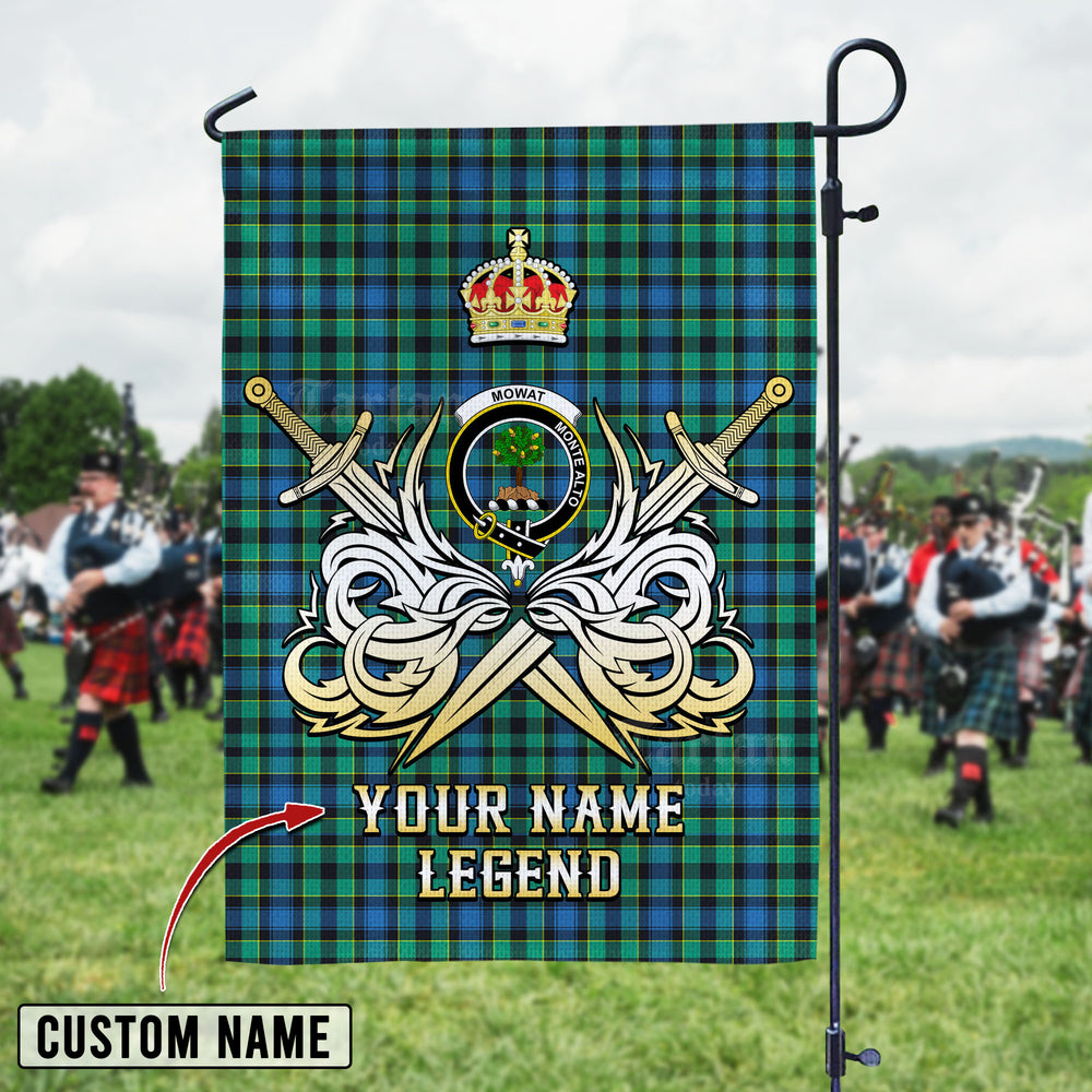 Personalized Custom Name Clan Mowat Tartan Garden Flag with Clan Crest and the Golden Sword of Courageous Legacy CA47 - Mowat Tartan Design, Scottish Heritage Gift