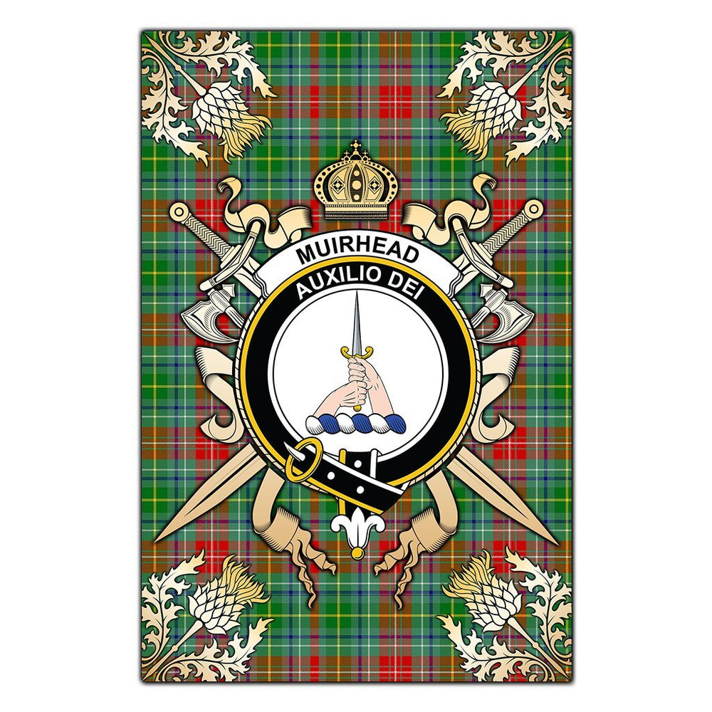 Clan Muirhead Tartan Crest Black Garden Flag - Gold Thistle KE27 Clan Muir_More Tartan Today