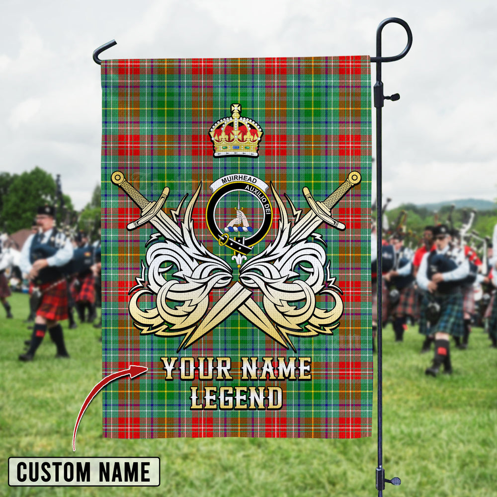 Personalized Custom Name Clan Muirhead Tartan Garden Flag with Clan Crest and the Golden Sword of Courageous Legacy OO88 - Muirhead Tartan Design, Scottish Heritage Gift
