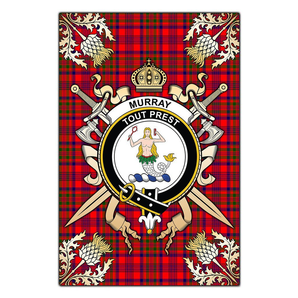 Clan Murray of Tulloch Modern Tartan Crest Black Garden Flag - Gold Thistle VY50 Clan Murray Tartan Today