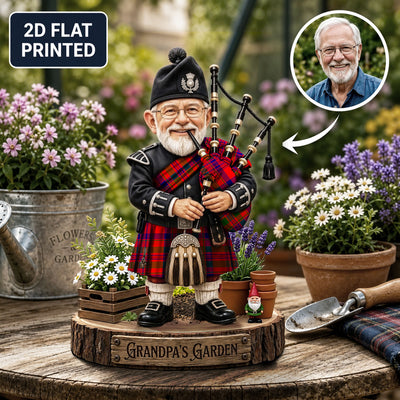 Personalized Murray of Tulloch Modern Clan Bagpipe Garden Gnome Caricature Plaque Custom Photo, Any Clan Tartan, Wood or Acrylic, Grandpa & Dad Gift, Scottish Highland Garden Decor GG93