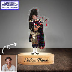 Custom Bagpipe Nairn Tartan LED Night Light - Personalized Scottish Bagpiper Figurine with Wooden Stand