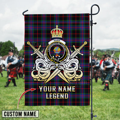 Custom Name Clan Nairn Tartan Garden Flag with Clan Crest and the Golden Sword of Courageous Legacy