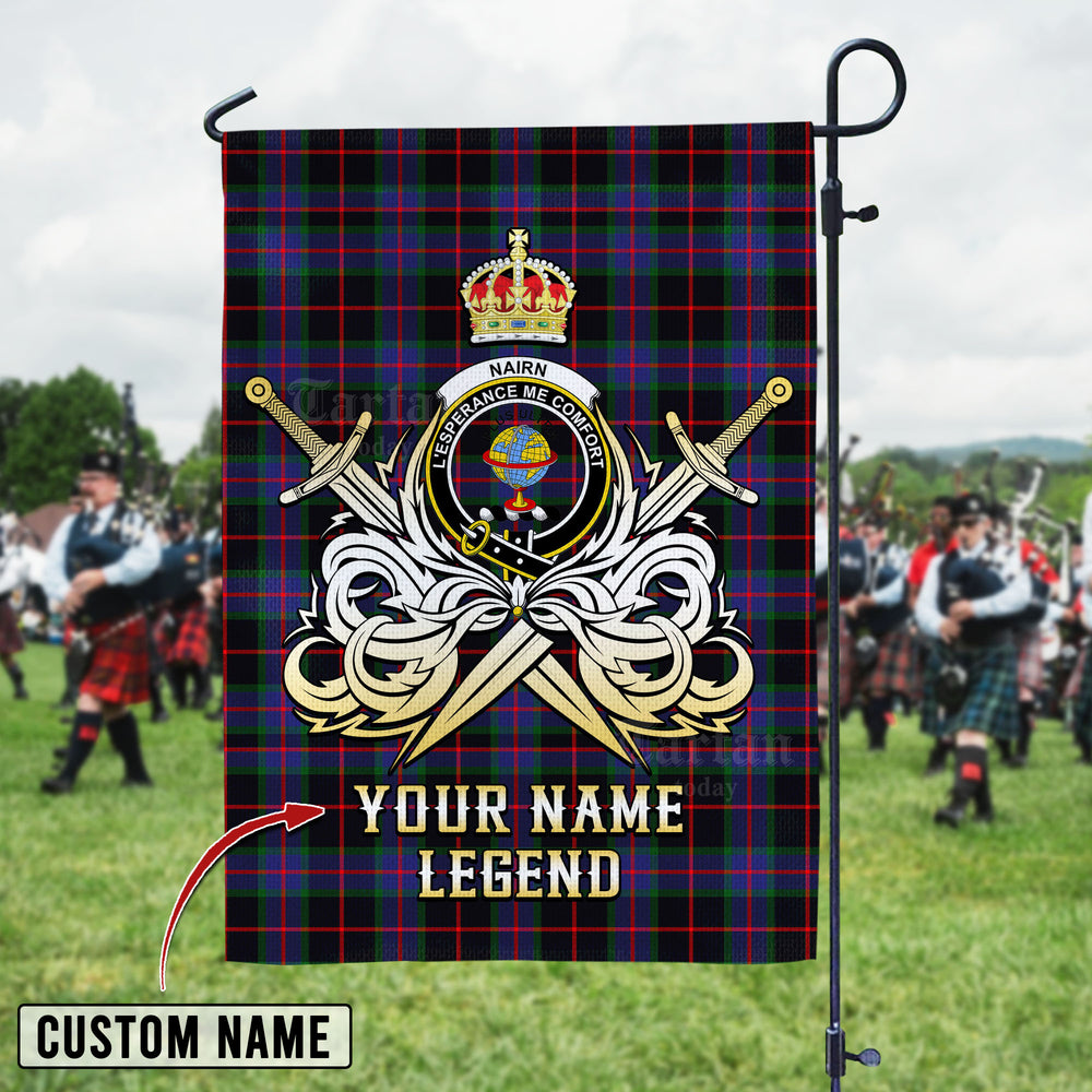 Personalized Custom Name Clan Nairn Tartan Garden Flag with Clan Crest and the Golden Sword of Courageous Legacy WD79 - Nairn Tartan Design, Scottish Heritage Gift