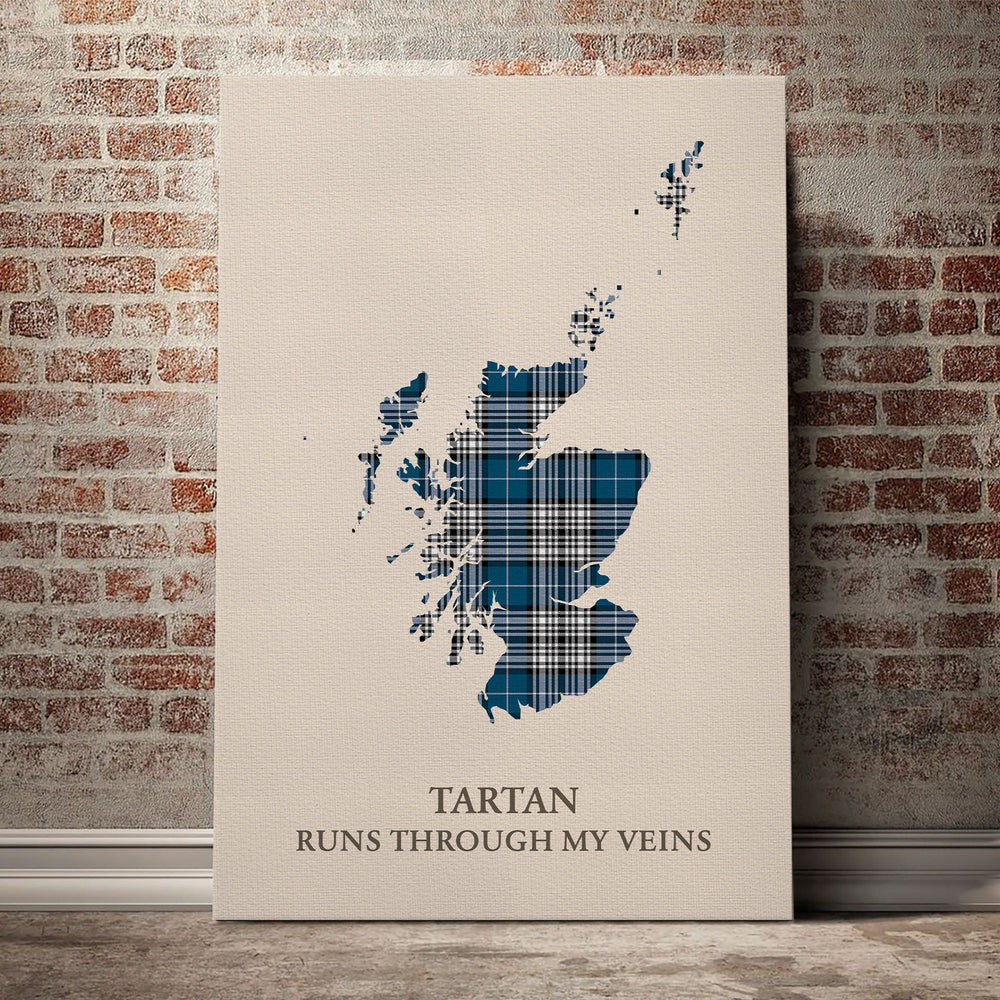 Napier Modern Tartan Scotland Map Canvas – “Tartan Runs Through My Veins” Wall Art