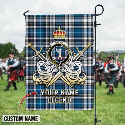 Custom Name Clan Napier Modern Tartan Garden Flag with Clan Crest and the Golden Sword of Courageous Legacy