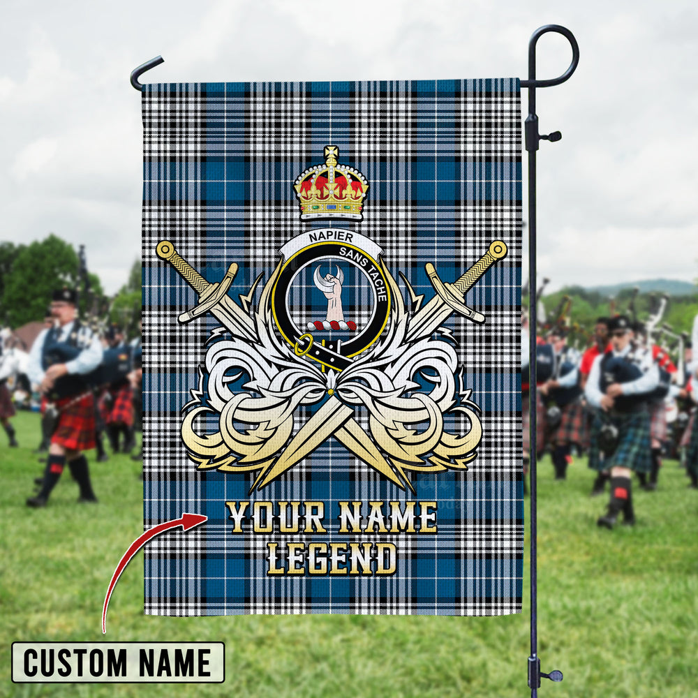 Personalized Custom Name Clan Napier Modern Tartan Garden Flag with Clan Crest and the Golden Sword of Courageous Legacy VP46 - Napier Modern Tartan Design, Scottish Heritage Gift