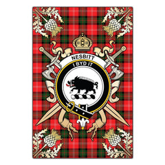 Clan Nesbitt Modern Tartan Crest Black Garden Flag - Gold Thistle BS80 Clan Nesbitt Tartan Today