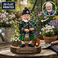 Personalized New Mexico Clan Bagpipe Garden Gnome Caricature Plaque Custom Photo, Any Clan Tartan, Wood or Acrylic, Grandpa & Dad Gift, Scottish Highland Garden Decor RF21