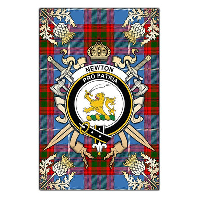 Clan Newton Tartan Crest Black Garden Flag - Gold Thistle