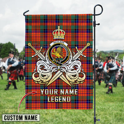 Custom Name Clan Nicolson Ancient Tartan Garden Flag with Clan Crest and the Golden Sword of Courageous Legacy