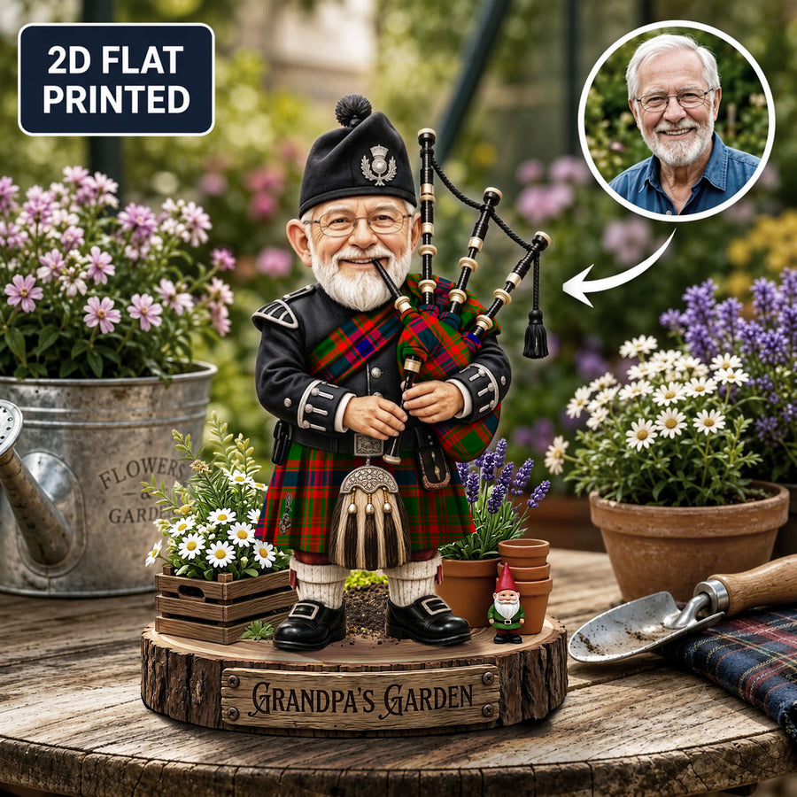 Personalized Nithsdale District Clan Bagpipe Garden Gnome Caricature Plaque Custom Photo, Any Clan Tartan, Wood or Acrylic, Grandpa & Dad Gift, Scottish Highland Garden Decor MZ11