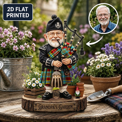 Personalized Ogilvie Clan Bagpipe Garden Gnome Caricature Plaque Custom Photo, Any Clan Tartan, Wood or Acrylic, Grandpa & Dad Gift, Scottish Highland Garden Decor XA27