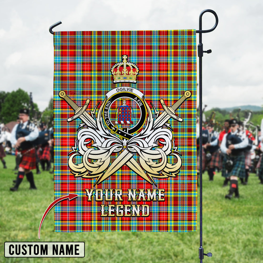 Personalized Custom Name Clan Ogilvie Tartan Garden Flag with Clan Crest and the Golden Sword of Courageous Legacy PR75 - Ogilvie Tartan Design, Scottish Heritage Gift