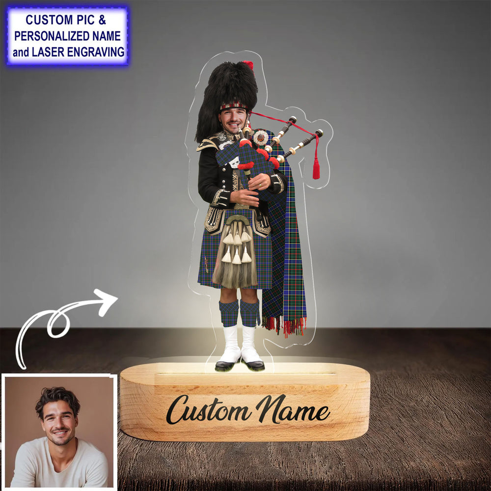 Custom Bagpipe Ogilvie Hunting Modern Tartan LED Night Light - Personalized Scottish Bagpiper Figurine with Wooden Stand