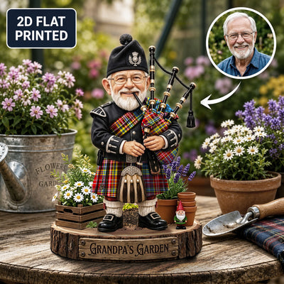 Personalized Ogilvie of Airlie Ancient Clan Bagpipe Garden Gnome Caricature Plaque Custom Photo, Any Clan Tartan, Wood or Acrylic, Grandpa & Dad Gift, Scottish Highland Garden Decor HT37