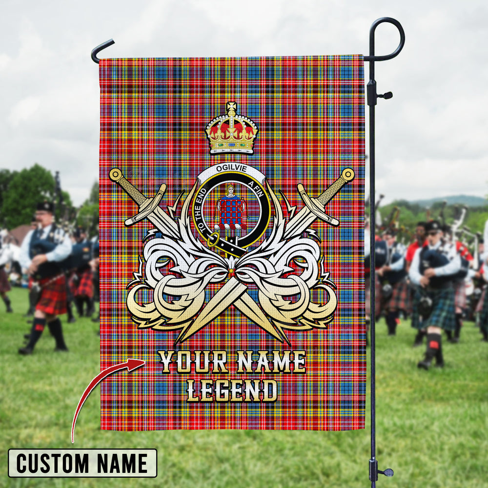 Personalized Custom Name Clan Ogilvie of Airlie Ancient Tartan Garden Flag with Clan Crest and the Golden Sword of Courageous Legacy OU60 - Ogilvie of Airlie Ancient Tartan Design, Scottish Heritage Gift