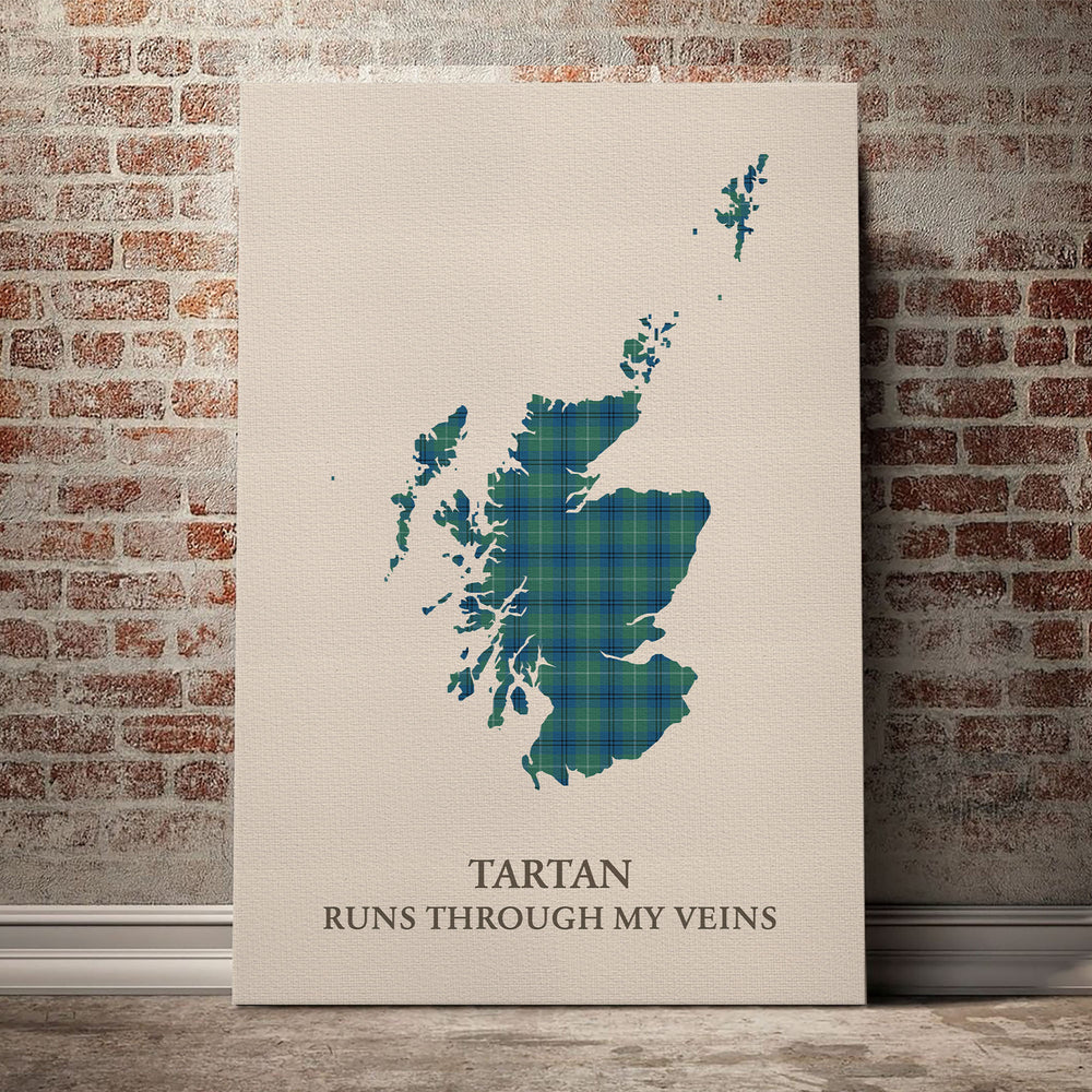 Oliphant Ancient Tartan Scotland Map Canvas – “Tartan Runs Through My Veins” Wall Art