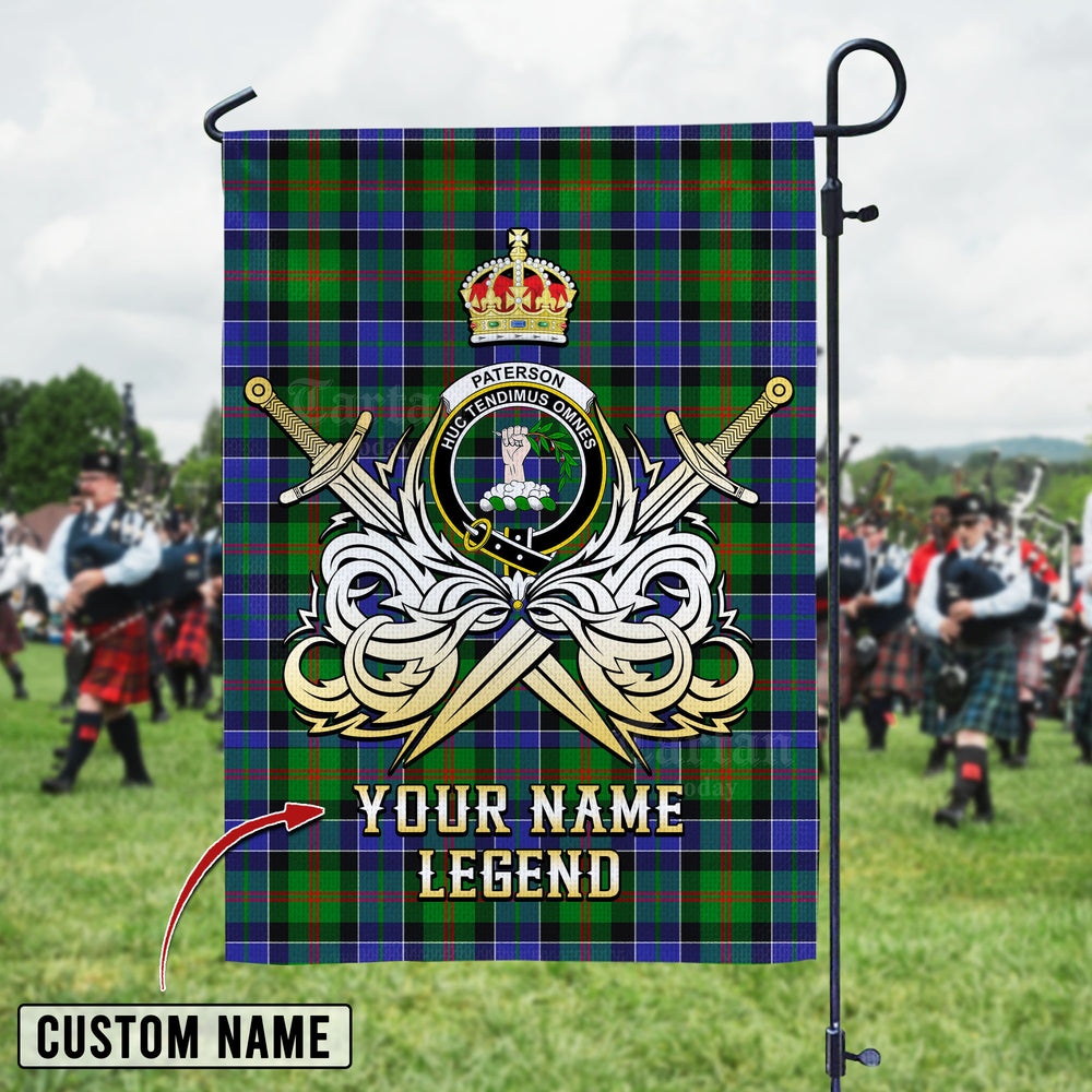 Personalized Custom Name Clan Paterson Tartan Garden Flag with Clan Crest and the Golden Sword of Courageous Legacy HY11 - Paterson Tartan Design, Scottish Heritage Gift