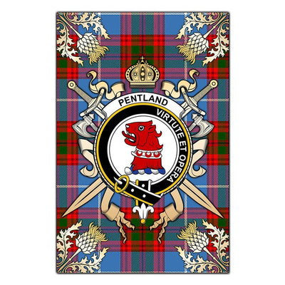Clan Pentland Tartan Crest Black Garden Flag - Gold Thistle