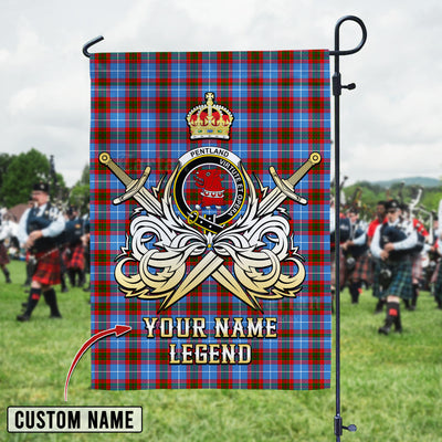 Custom Name Clan Pentland (Edinburgh) Tartan Garden Flag with Clan Crest and the Golden Sword of Courageous Legacy YE35