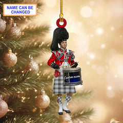 Personalized Clan Douglas Grey Modern Tartan Drummer Ornament with Custom Name – Scottish Christmas Tree Decoration