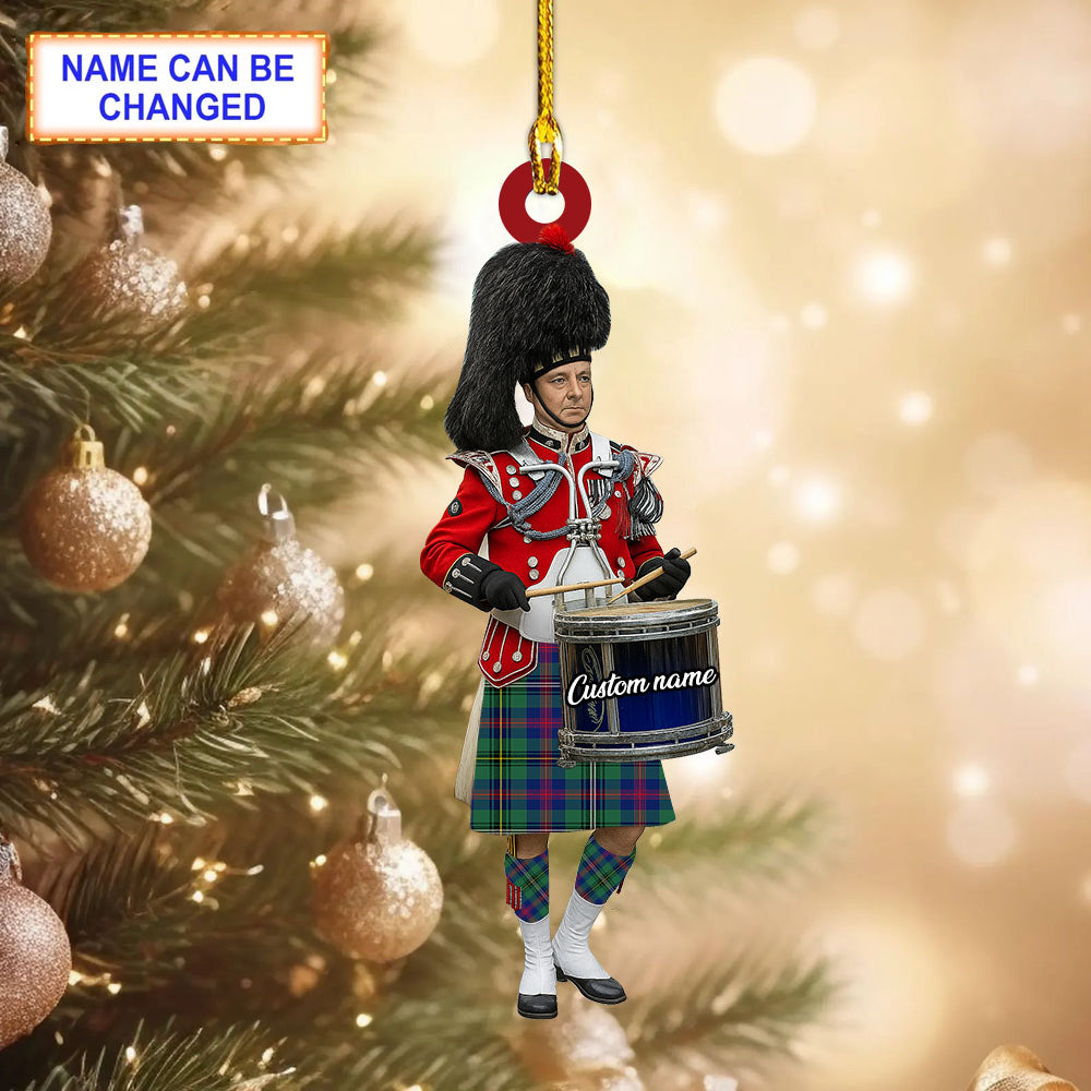 Personalized Clan Wood Modern Tartan Drummer Ornament with Custom Name – Scottish Christmas Tree Decoration